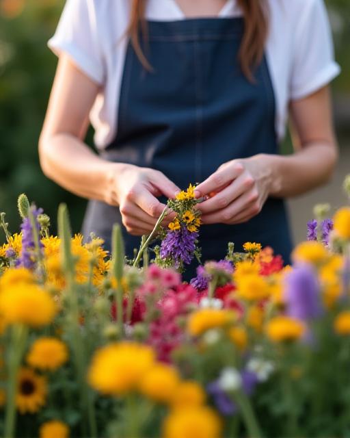 Local florist preparing a bouquet at the market