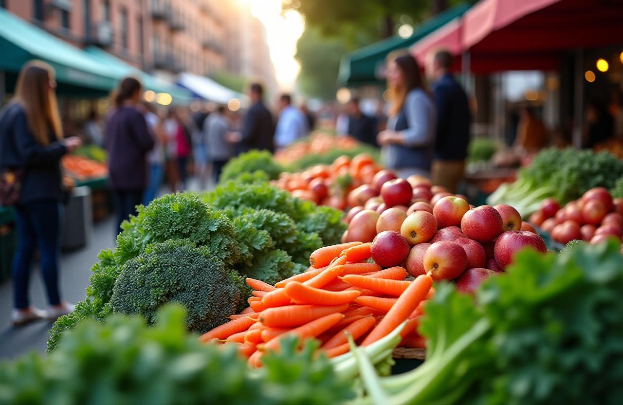 Bustling outdoor farmers market at Brooklyn with fresh kale and organic produce